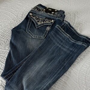 Miss Me Dark Blue Boot Cut Jeans with Embellished Pockets